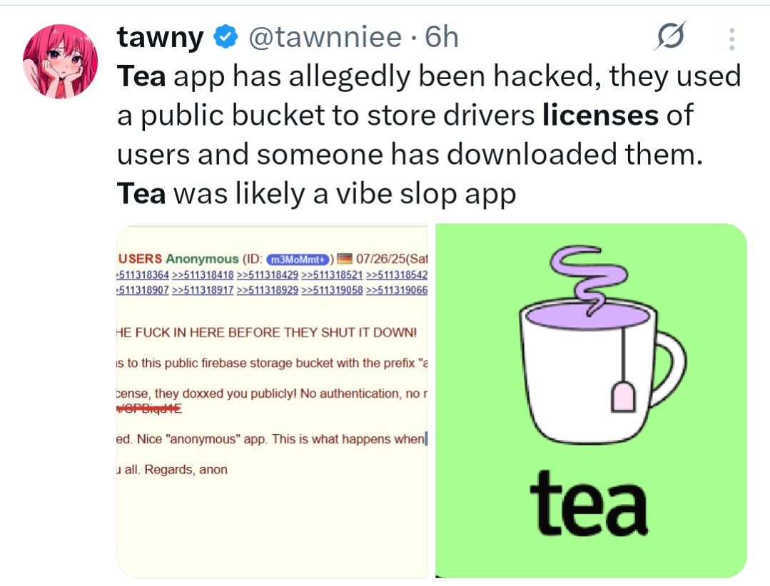 agentsmart's tweet image. We used to tie ribbons around ole oak trees. 🤔
"Tea" is an app for women where they can anonymously let other women know about red flag lotharios. It requires a selfie or photo to confirm gender. Many used their licences. It's been hacked. Mega dox.