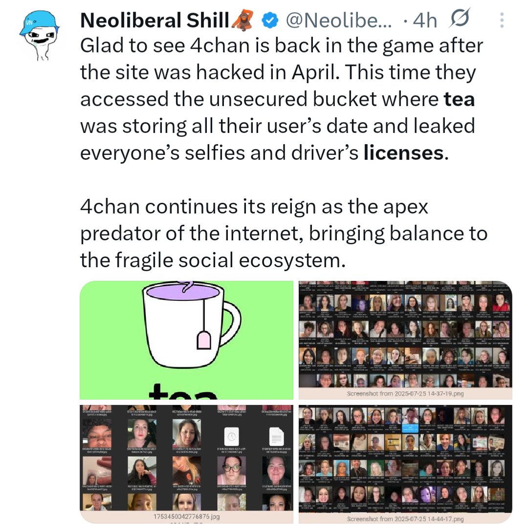 agentsmart's tweet image. We used to tie ribbons around ole oak trees. 🤔
"Tea" is an app for women where they can anonymously let other women know about red flag lotharios. It requires a selfie or photo to confirm gender. Many used their licences. It's been hacked. Mega dox.