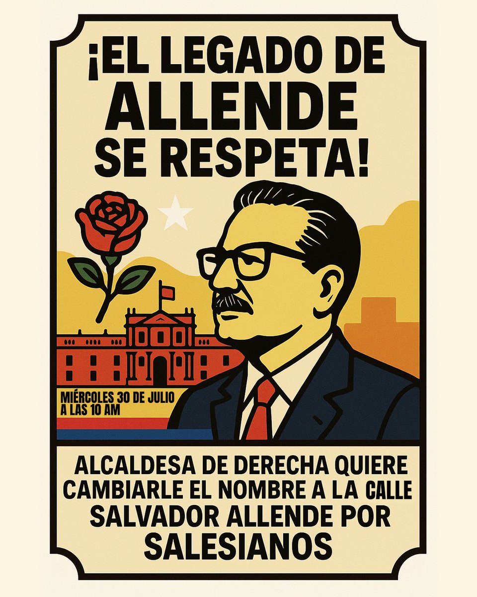 danielmelochile's tweet image. EL LEGADO DE ALLENDE SE RESPETA ✊🏽

📢 Convocamos a un punto de prensa pacífico en defensa de la memoria y los derechos conquistados:

🗓 Miércoles 30 de julio
🕙 10:00 AM
📍 Salvador Allende con Gran Avenida

Porque Allende no se borra.

#SalvadorAllendeVive #NoAlBorrado