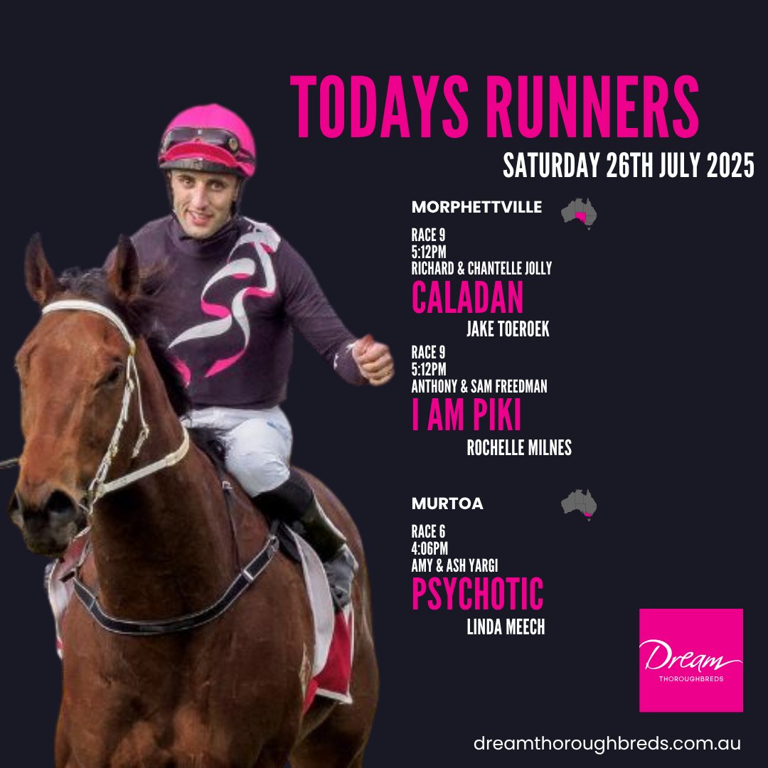 Dream Thoroughbreds (@livethedreamnow) on Twitter photo 3 strong runners across VIC and SA today
CALADAN & I AM PIKI are both super consistent and well found in the market with track conditions by race 9 a query at <a href="/SAJockeyClub/">Morphettville Racecourse</a>
At <a href="/MurtoaRacing/">Murtoa/Marma Racing Club</a> PSYCHOTIC is second up and looks well placed with the HVY track again the query 3 strong runners across VIC and SA today
CALADAN & I AM PIKI are both super consistent and well found in the market with track conditions by race 9 a query at <a href="/SAJockeyClub/">Morphettville Racecourse</a>
At <a href="/MurtoaRacing/">Murtoa/Marma Racing Club</a> PSYCHOTIC is second up and looks well placed with the HVY track again the query