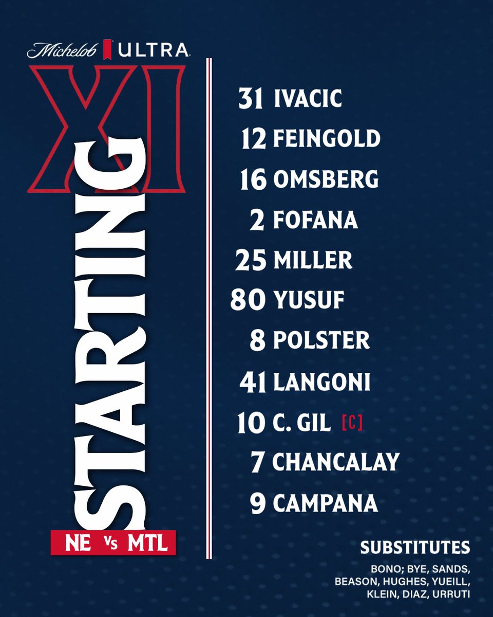 NERevolution's tweet image. Today’s Starting 1️⃣1️⃣!
#NEvMTL • @MichelobULTRA