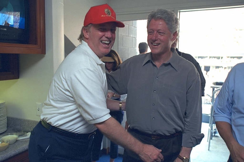 Actsout's tweet image. There was a time when Donald Trump playfully cupped his hand around Bill Cllinton&apos;s giblets.