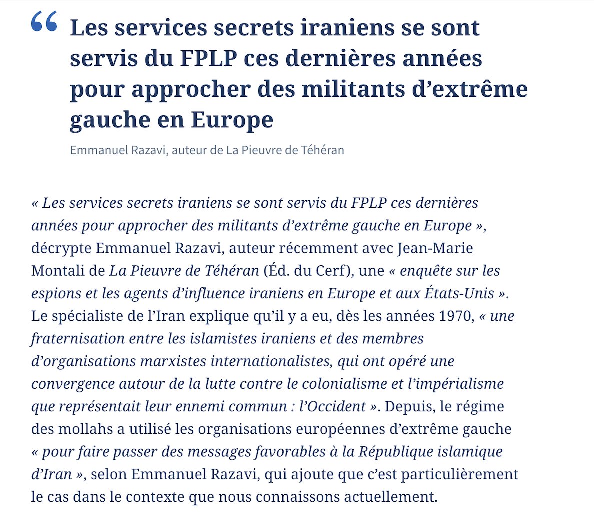 erazavi3's tweet image. Merci au Figaro qui cite notre livre "La pieuvre de Téhéran" dans son article consacré à Rima Hassan "Palestine : Rima Hassan, l’activiste en eaux troubles qui a dressé la gauche contre Israël".
lefigaro.fr/politique/pale…
@jmmontali