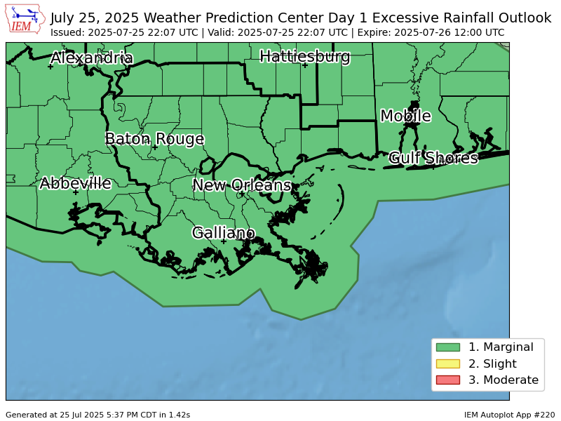 iembot_lix's tweet image. WPC issues Day 1 Marginal Risk Excessive Rainfall Outlook at Jul 25, 22:07z for LIX wpc.ncep.noaa.gov/qpf/excessive_…