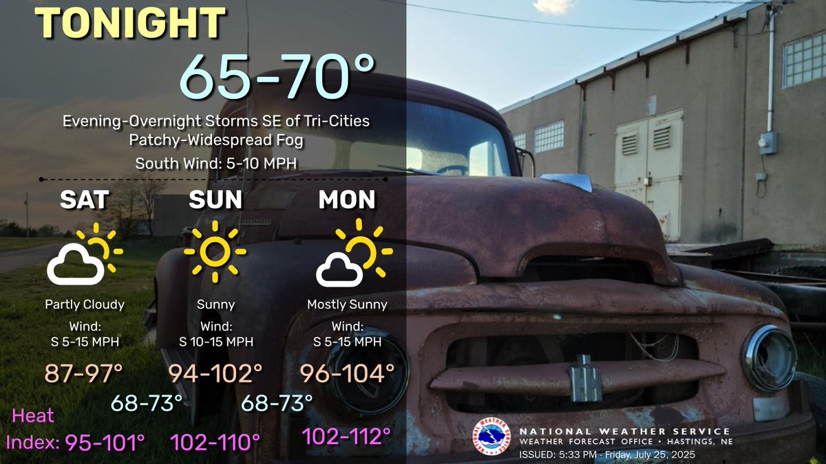 NWSHastings's tweet image. Scattered storms are possible into the overnight hours across Southeast portions of the area. Patchy to widespread fog is possible overnight into Saturday morning. Heat arrives this weekend into early next week with heat index values over 100 degrees. #NEwx #KSwx