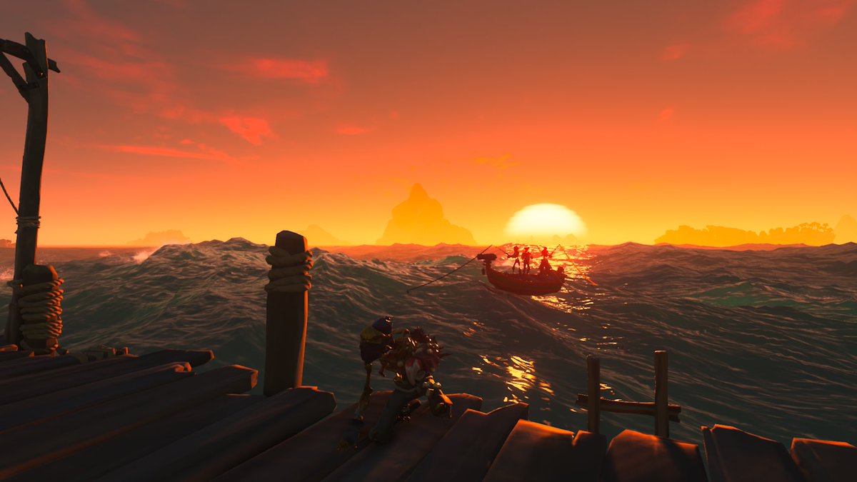 gaming_4nj4's tweet image. This is #SoTShot @SeaOfThieves so is there anything more pretentious than fishing pirates in a rowie at sunset? YES! Fishing skellies in a rowie at sunset! 🌅🏴☠️🖤