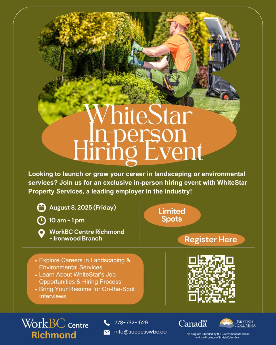 🌿 Join us for an in-person hiring event with WhiteStar Property Services, a top employer in the industry!

📅 Date: August 8, 2025
🕙 Time: 10:00 AM – 1:00 PM
📍Address: 10820 No. 5 Rd #1030, Richmond, BC V6W 0B5

#JobFair #HiringEvent #RichmondJobs #workbccentrerichmond