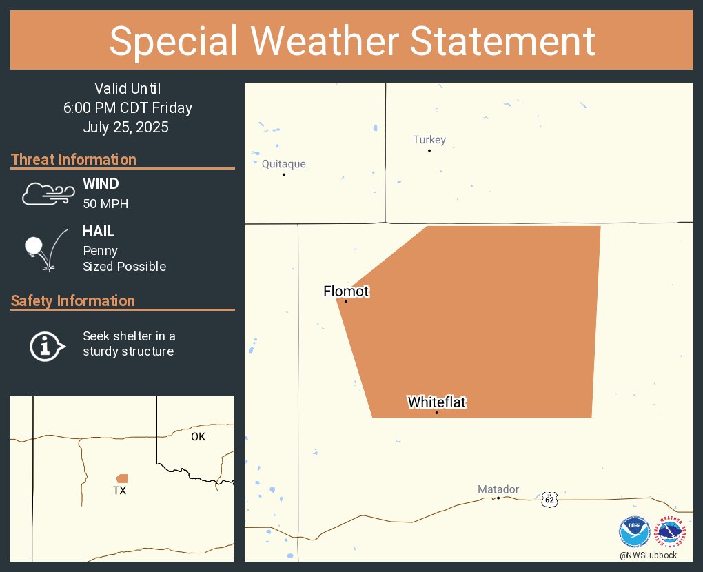 NWSLubbock's tweet image. A special weather statement has been issued for Flomot TX and Whiteflat TX until 6:00 PM CDT