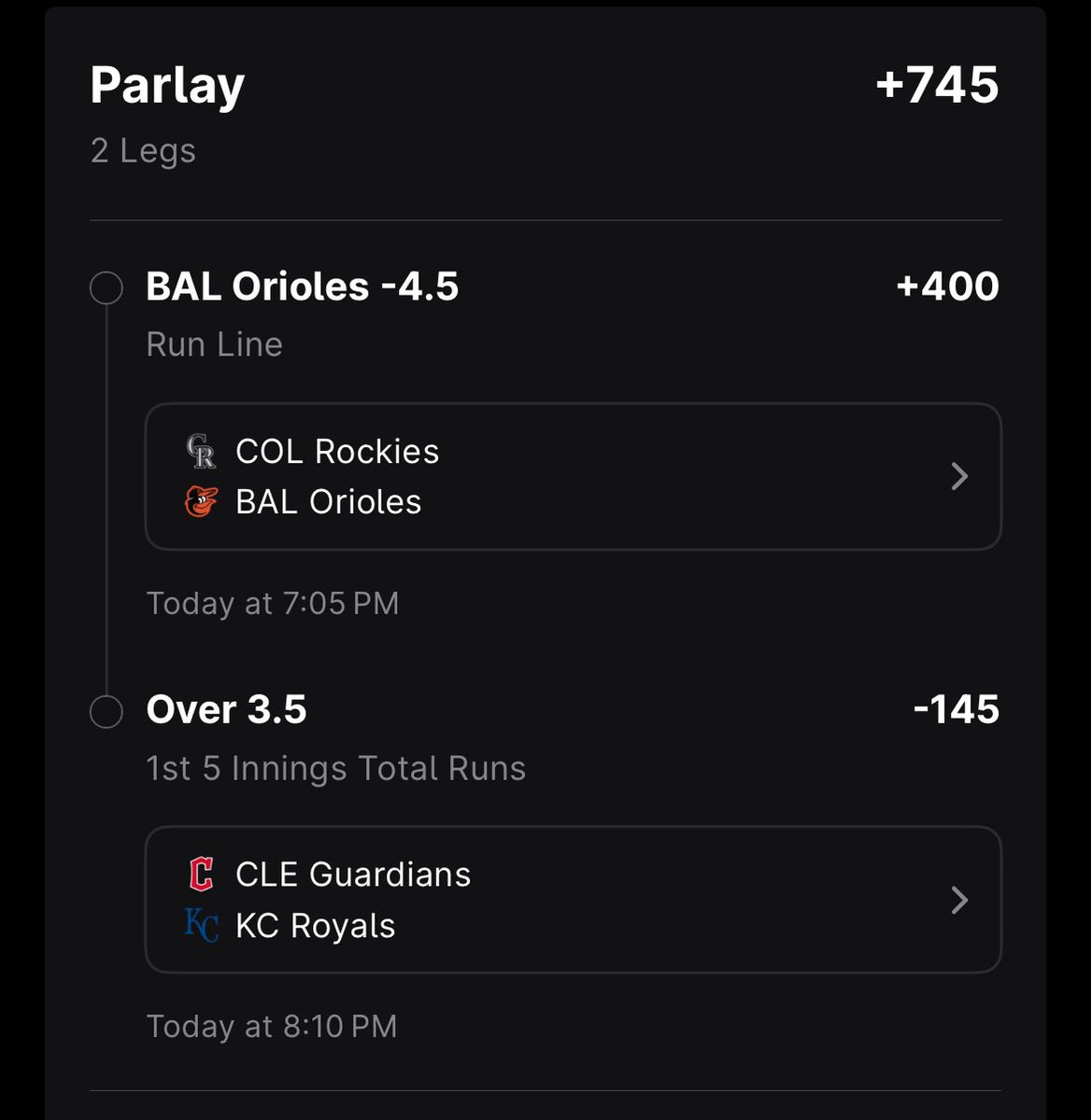 BiscoBetsEV's tweet image. ESPN Bet parlay:
Orioles -4.5
Royals/Guardians 1st Half Over 3.5
📈 +745 odds. 5-6% EV. Played for .25 units.
Let’s ride! 💰
#SportsBetting #MLB #GamblingTwitter #ESPN