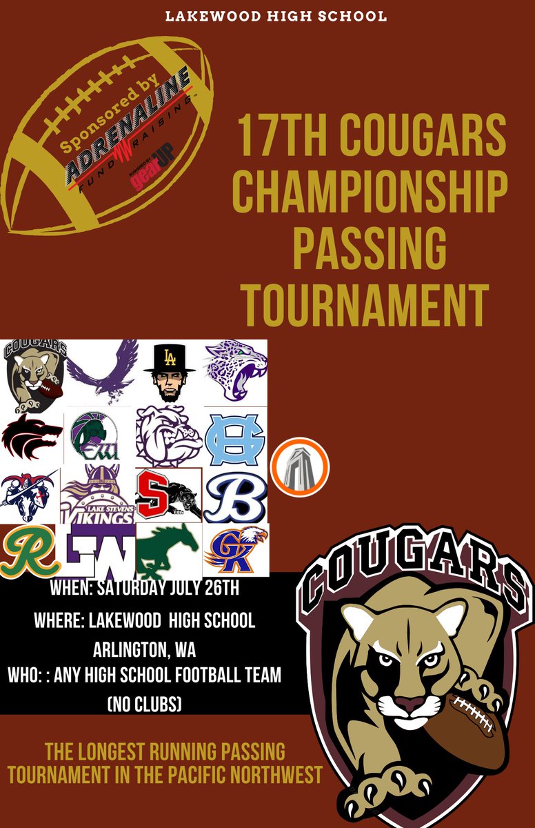 Lakewood High School Football (@lakewoodcougsfb) on Twitter photo 17 Schools competing to bring home the trophy in the 17th Cougar Championship Passing Tournament Just seems right!
<a href="/AnacortesFB/">Anacortes Seahawk Football</a>
<a href="/football_abes/">Lincoln Abes Football 🎩</a>
<a href="/NorthCreekFB/">North Creek HS Football</a>
<a href="/CedarcrestFB/">Cedarcrest High School Football</a>
<a href="/JoeRoth88/">Joe Roth 🏁📚</a>
<a href="/FosterHSFB/">Foster High School Football</a>
<a href="/GHTIDESFB/">TidesFootball</a>
<a href="/CoachOlson_/">Coach Olson</a>
<a href="/LSHSVikingsFTB/">Lake Stevens HS Football</a>
<a href="/Snohofball/">Snohomish High School Football</a>
<a href="/BHSBlueTrain/">Bothell Football</a> 17 Schools competing to bring home the trophy in the 17th Cougar Championship Passing Tournament Just seems right!
<a href="/AnacortesFB/">Anacortes Seahawk Football</a>
<a href="/football_abes/">Lincoln Abes Football 🎩</a>
<a href="/NorthCreekFB/">North Creek HS Football</a>
<a href="/CedarcrestFB/">Cedarcrest High School Football</a>
<a href="/JoeRoth88/">Joe Roth 🏁📚</a>
<a href="/FosterHSFB/">Foster High School Football</a>
<a href="/GHTIDESFB/">TidesFootball</a>
<a href="/CoachOlson_/">Coach Olson</a>
<a href="/LSHSVikingsFTB/">Lake Stevens HS Football</a>
<a href="/Snohofball/">Snohomish High School Football</a>
<a href="/BHSBlueTrain/">Bothell Football</a>
