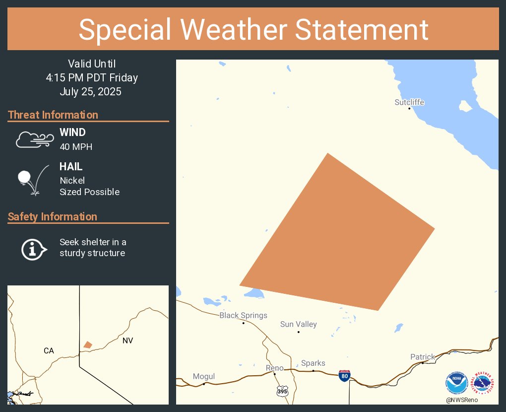 NWSReno's tweet image. A special weather statement has been issued for Washoe County, NV until 4:15 PM PDT #NVwx