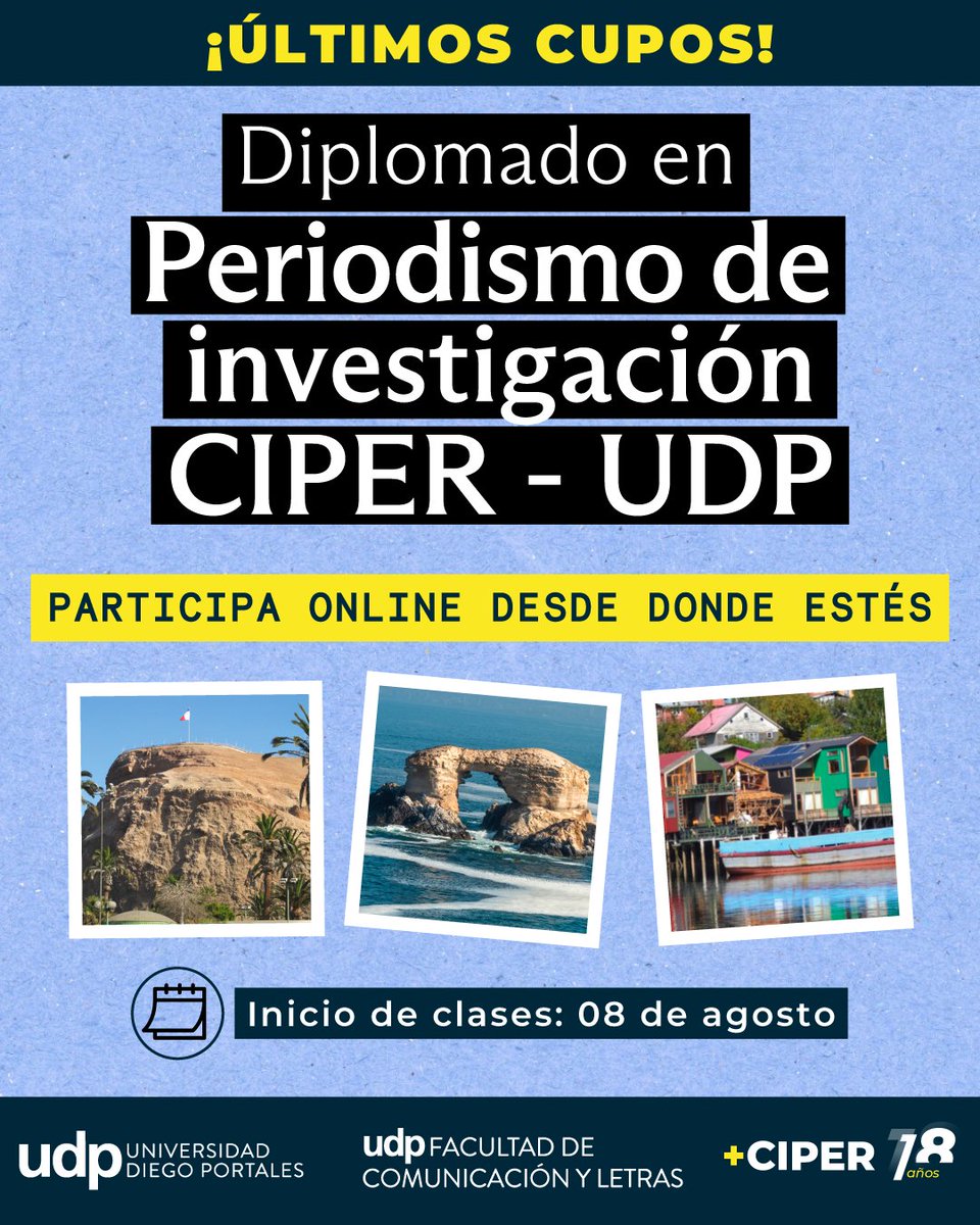 ciper's tweet image. ¡ÚLTIMOS CUPOS! 🚨 Accede desde cualquier parte de Chile a las herramientas de investigación esenciales para fiscalizar al poder🔎Postula al Diplomado de Periodismo de Investigación CIPER-UDP 📝¡Ojo que no es solo para periodistas! Inscríbete aquí: posgrados.udp.cl/programas/dipl…