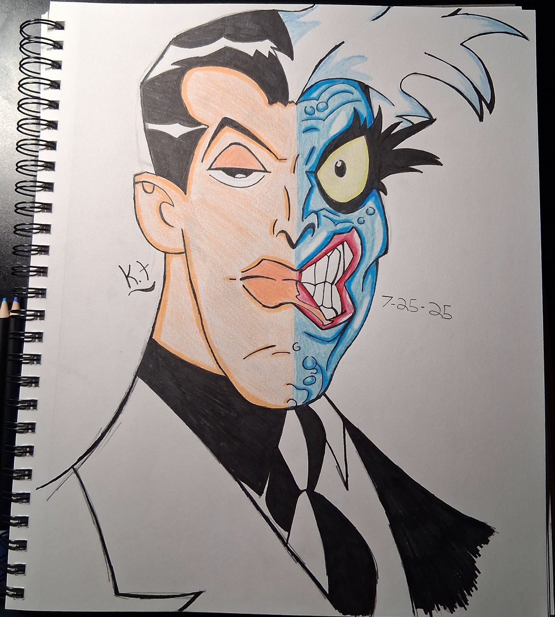 witch_labyrinth's tweet photo. My Grandma gave me some new colored pencils, so I drew two-face and actually colored him in. It's been forever since I've actually colored something. First time drawing Harvey as well, but I like it.  LOL
.
.
#Btas #twoface #Harveydent #fanart #dc https://t.co/KZSszTgenm