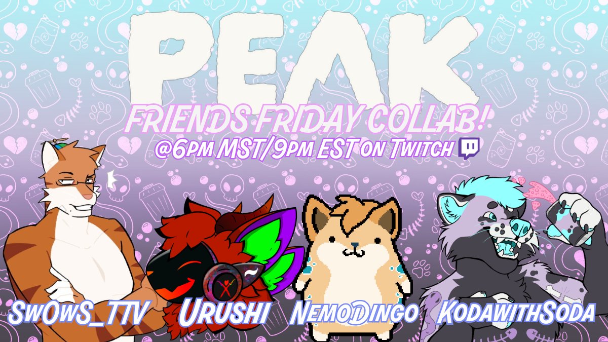 AFTERNOON MY SODAS!

Another week for an awesome Friends Friday stream but this one is different!

I will be collaborating with <a href="/sw0ws_ttv/">dweeb 🤓🐈</a> , <a href="/NemoDingo/">NemoDingo</a> and <a href="/UrushiUru_/">Uru</a> where we're gonna be playing PEAK!

Hope to see ya this evening cutie 💙

twitch.tv/kodawithsoda