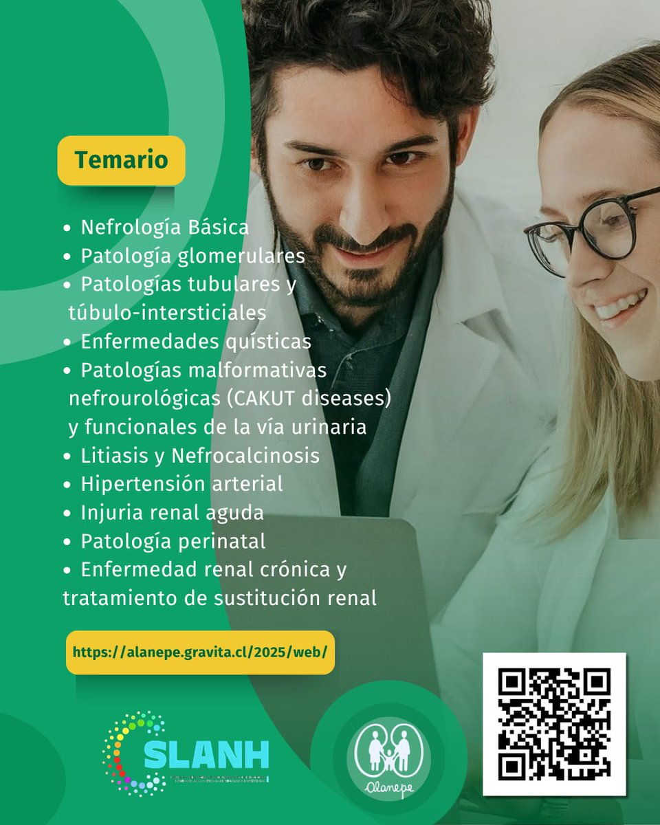 Alanepe1's tweet image. 📢 Curso de 𝗘𝗱𝘂𝗰𝗮𝗰𝗶ó𝗻 𝗠é𝗱𝗶𝗰𝗮 𝗖𝗼𝗻𝘁𝗶𝗻𝘂𝗮 𝗲𝗻 𝗡𝗲𝗳𝗿𝗼𝗹𝗼𝗴í𝗮 𝗣𝗲𝗱𝗶á𝘁𝗿𝗶𝗰𝗮
📅 Inicio: 01/ 09 / 2025
📃 Certificación: 𝗦𝗟𝗔𝗡𝗛- 𝗔𝗟𝗔𝗡𝗘𝗣𝗘
👉 Inscribite
🔗 alanepe.gravita.cl/2025/web/
📲 Escanea el QR para más info
➡️ Contacto: info@alanepe.org