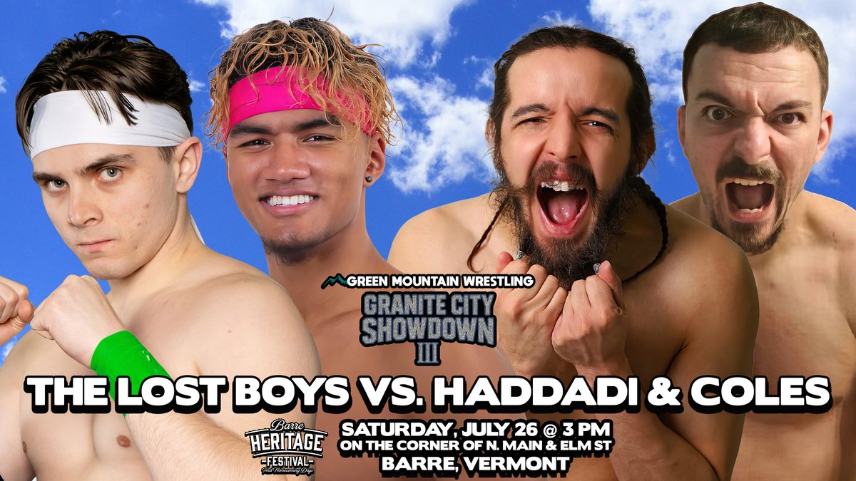 TOMORROW at the Barre Heritage Festival!

Brahim Haddadi &amp; David Coles bring brutal grappling &amp; martial arts against the high-flying Lost Boys, Ryan Ryzz &amp; Miles Penn!

FREE show | 3 PM | Hard-hitting tag team action

Family fun, food, &amp; live entertainment all day!