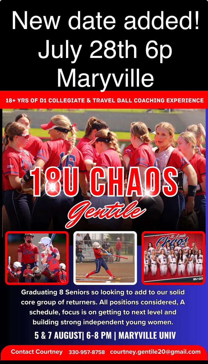 The trio is back together again. 
STL Chaos-Gentile 18u will be coached by Courtney Gentile, Melissa “Skeeter” Gentile, and Katlyn “KT” Thomas . They couldn’t be more excited to share in helping guide young women in both the physical and more importantly, the mental game. Female