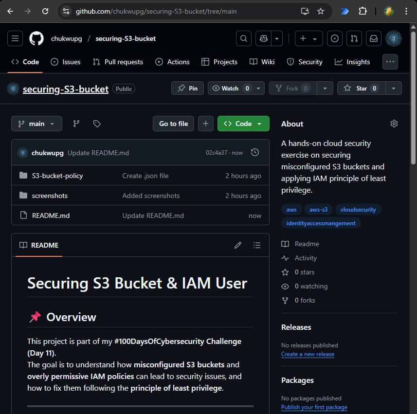 chukwupg's tweet image. Day 11

Today, I explored how to properly configure IAM policies &amp;amp; S3 bucket permissions to enforce least privilege.

🛠 Tools Used
- AWS Management Console
- IAM &amp;amp; S3
- AWS CLI

A key takeaway: Public by default = Risk by default. Secure configs must always be intentional.

📁…