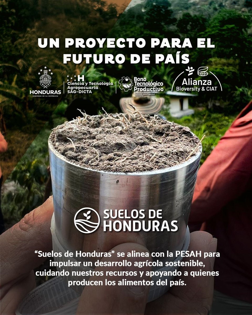 🌱 ¡Conocer el suelo es transformar el futuro del campo!

Desde SAG-DICTA y junto a @BioversityCIAT desarrollamos #SuelosDeHonduras: un proyecto que digitaliza la fertilidad del suelo para decisiones agrícolas más precisas, sostenibles y rentables. 🧪🌍