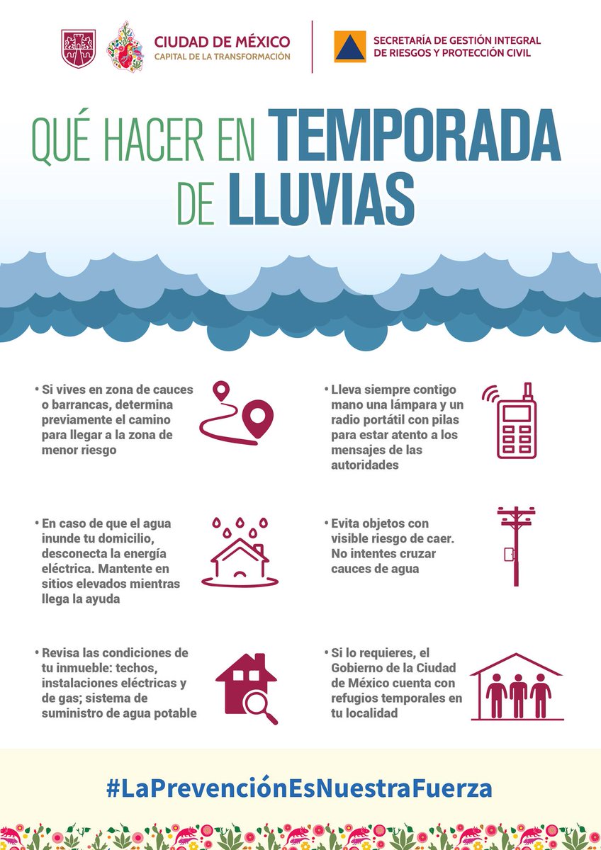 SGIRPC_CDMX's tweet image. En esta temporada de lluvias, atiende nuestras recomendaciones:
🔵No tires basura en la vía pública
🔵No viertas grasas al drenaje
🔵Barre coladeras cercanas a tu casa
🔵Si vives en zona de cauces o barrancas ubica un camino a las zonas de menor riesgo…