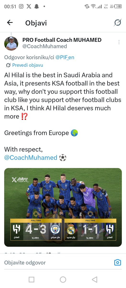 الهلال هو الأفضل في السعودية وآسيا، فهو يُمثل كرة القدم السعودية بأفضل صورة، لماذا لا تدعمون هذا النادي كما تدعمون أندية كرة القدم الأخرى في السعودية؟ أعتقد أن الهلال يستحق أكثر من ذلك بكثير ⁉️

With respect,
Professional Football Coach 
<a href="/CoachMuhamed/">PRO Football Coach MUHAMED</a> 💙⚽💙