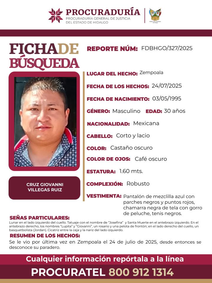 📌Solicitamos tu apoyo con la #DIFUSIÓN de la #FichaDeBúsqueda para localizar a CRUZ GEOVANNI VILLEGAS RUIZ. Si tienes información, comunícate ☎️ 8009121314 PROCURATEL #PGJEH. #CadaSegundoCuenta #TuAyudaCuenta #ActuemosRápido