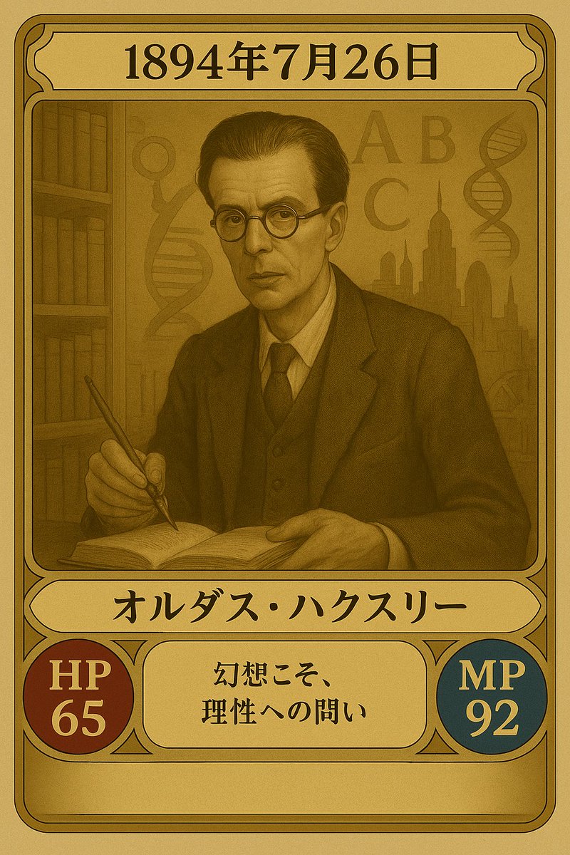 ijin_den's tweet photo. 「幻想こそ、理性への問い」—『すばらしい新世界』で文明の光と影を描いた思想文学の異才、オルダス・ハクスリー。1894年7月26日生まれ、HP65・MP92。未来を見つめる哲学の一枚📚🌐
#偉人カード
#7月26日生まれ
#オルダスハクスリー
#すばらしい新世界
#未来を問う作家
#哲学と文学
#ディストピア文学 https://t.co/6CiUJN8vxv