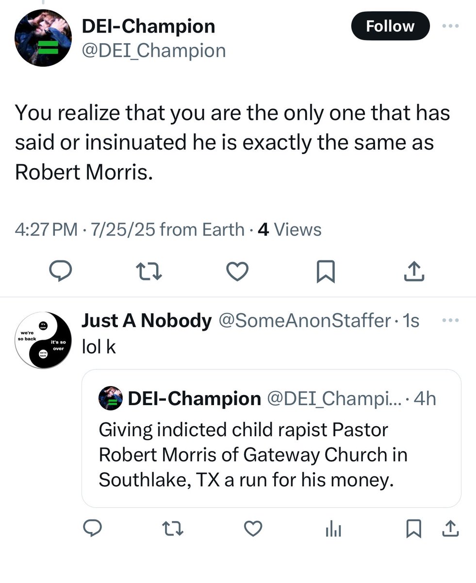 SomeAnonStaffer's tweet image. Blocked by another delicate Twitter-lawyer libflake. 🏆
Which works for me bc if one can’t acknowledge the massive difference between a dude saying something perverted to his adult stripper mistress and a PREACHER ACTUALLY RAPING CHILDREN, I have nothing more to say. #OMGio