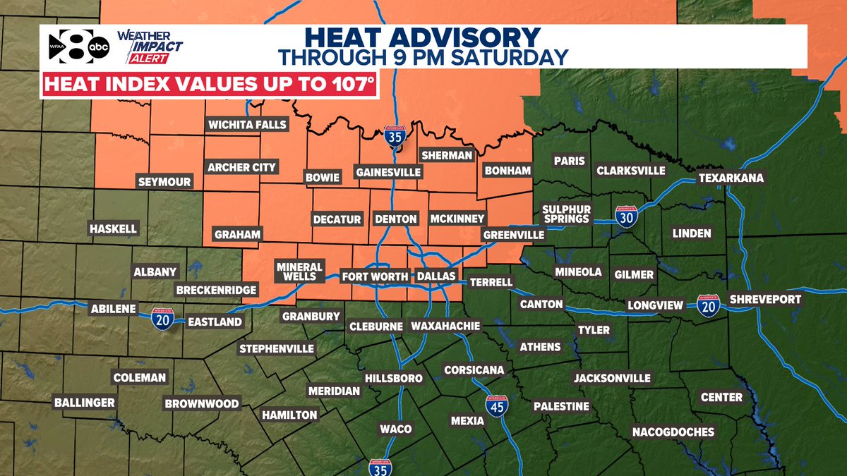JesseWFAA's tweet image. While Saturday afternoon's air temperature won't be as hot as today, the humidity will be higher. That will keep the heat index around 105° even though actual highs may only reach 95°. Another Heat Advisory and WFAA Weather Alert Day are in place for that reason.