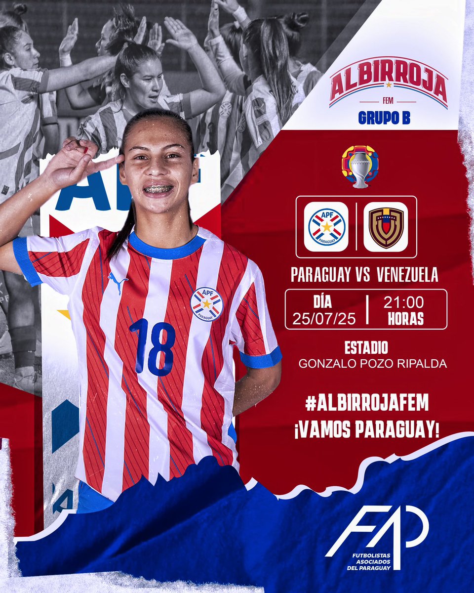 FAParaguay's tweet image. 🏆 #CopaAmericaFEM #Ecuador2025🇪🇨
🇵🇾 La #AlbirrojaFEM 🙋🏻♀️ disputa hoy (21:00 vs. #Venezuela 🇻🇪) su último partido en la competencia.
💪🏼 ¡Las chicas van por el cupo a los Juegos Panamericanos! ¡VAMOS #PARAGUAY! 🤩
#FAP #FutbolistasParaguayas #FútbolParaguayo #Paraguay