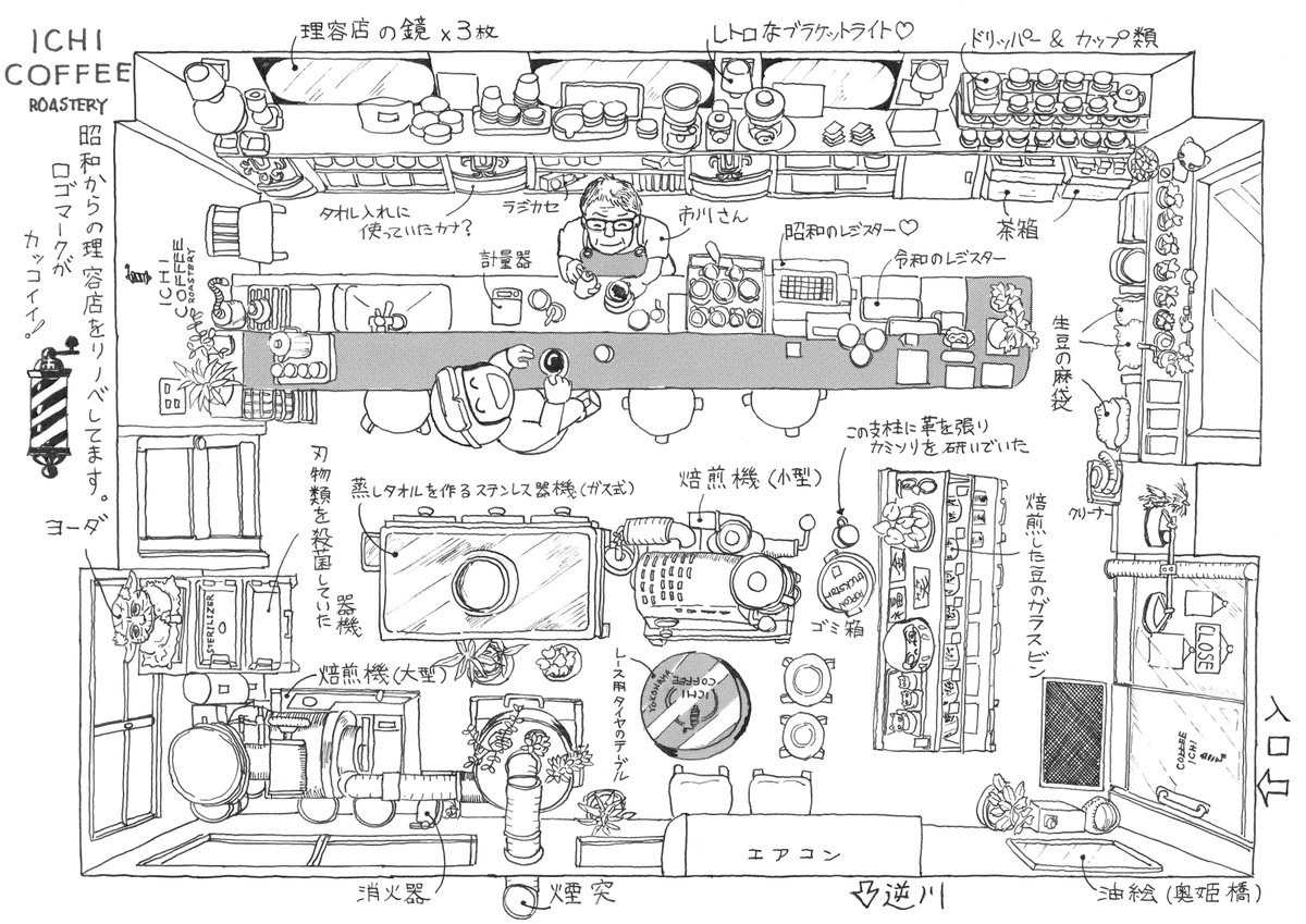 軒下工房 (@solarbike3) on Twitter photo #掛川漫画遊記
ICHI COFFEE ROASTERY <a href="/scott38050/">ICHI COFFEE ROASTERY</a>
市川さんの話を聞いて「昭和からの理容店のリノベと焙煎機を同時に描くには…俯瞰図しかない」と思い、先ずは店内を描いてみました✍️
後に店舗の外観も描きますよ~😀
#イチコーヒー #掛川漫画遊記
ICHI COFFEE ROASTERY <a href="/scott38050/">ICHI COFFEE ROASTERY</a>
市川さんの話を聞いて「昭和からの理容店のリノベと焙煎機を同時に描くには…俯瞰図しかない」と思い、先ずは店内を描いてみました✍️
後に店舗の外観も描きますよ~😀
#イチコーヒー