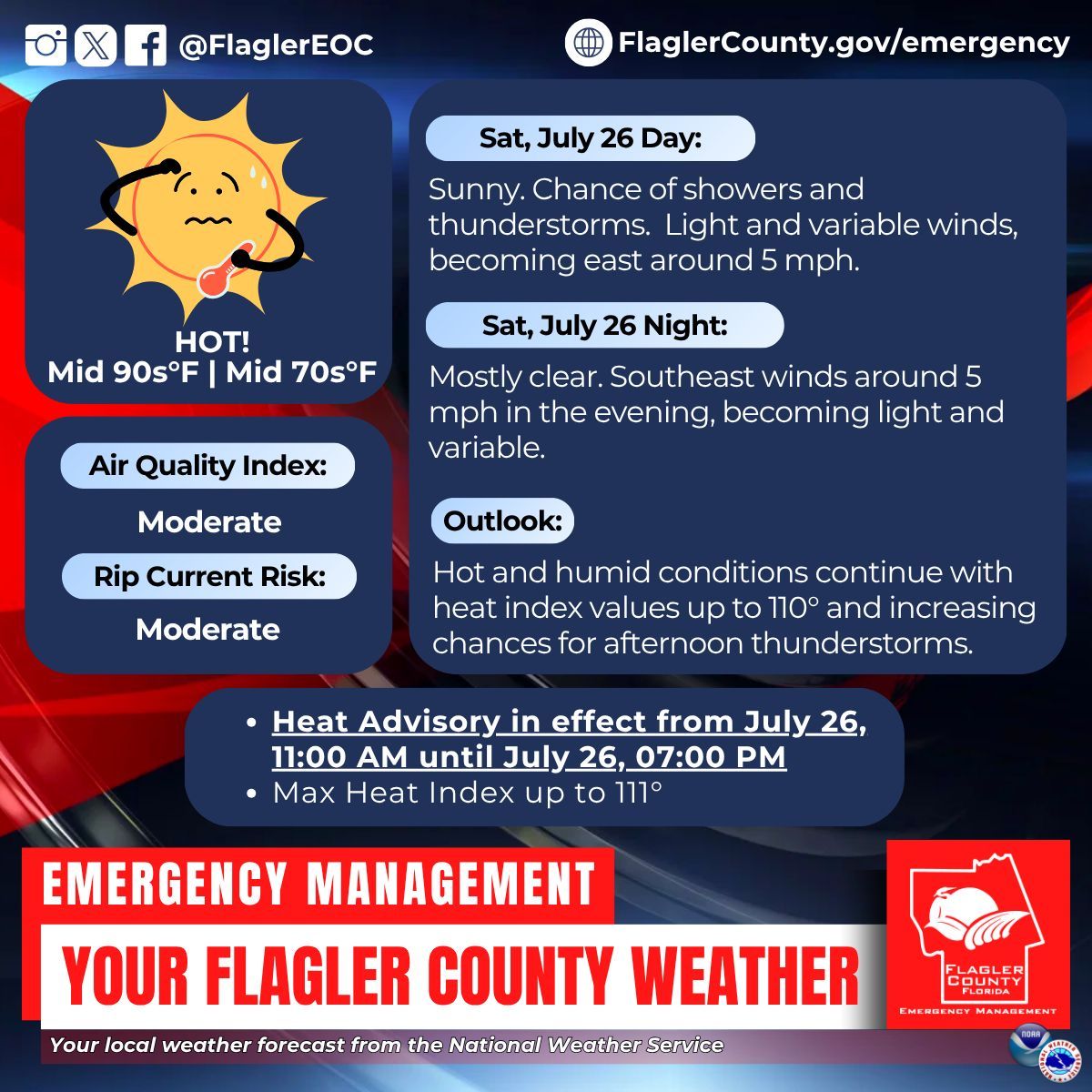 FlaglerEOC's tweet image. Your local weather forecast from the National Weather Service for Sat, July 26. For updates visit weather.gov/jax Sign up for free weather alerts at FlaglerCounty.gov/AlertFlagler #FlaglerWeather #FlaglerCounty #WeatherAlert