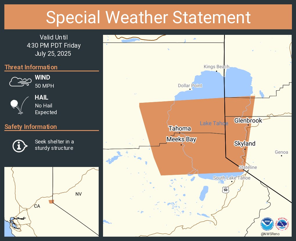 NWSReno's tweet image. A special weather statement has been issued for Tahoma CA, Skyland NV and Lakeridge NV until 4:30 PM PDT #CAwx #NVwx