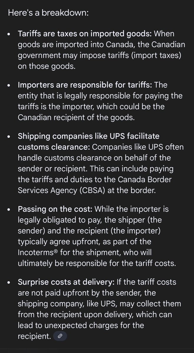 LadyGuinevere99's tweet image. Buyer beware:
If you order something from out of the country from a country like Canada who doesn't want to strike up a trade deal with us you might be surprised upon delivery that your delivery man has to collect a hefty tariff from you.
Buy American