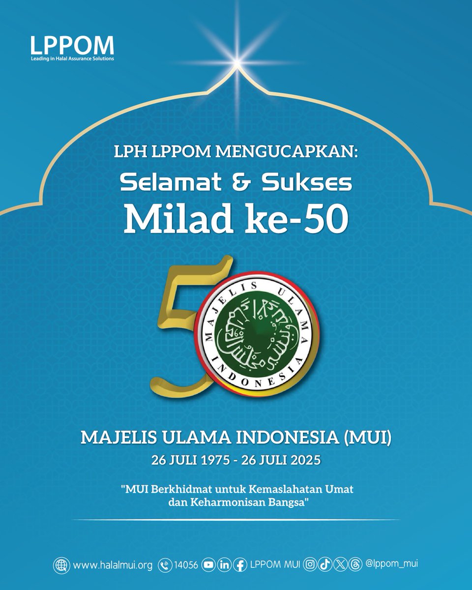 Selamat dan Sukses Milad ke-50 MUI. Semoga terus dapat berkhidmat untuk kemaslahatan umat dan keharmonisan bangsa. Aamiin 
.
#miladmui50 #lph #lppom