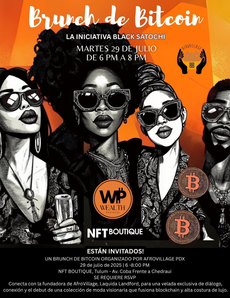 Excited for our intimate evening brunch at NFT Boutique Tulum w Laquida Landford, founder of @wealth_protocol_btc as she shares her Bitcoin fashion line—wearable Ordinals blending culture, crypto, and empowerment. Now on display Museum of Contemporary Art, in Cancun