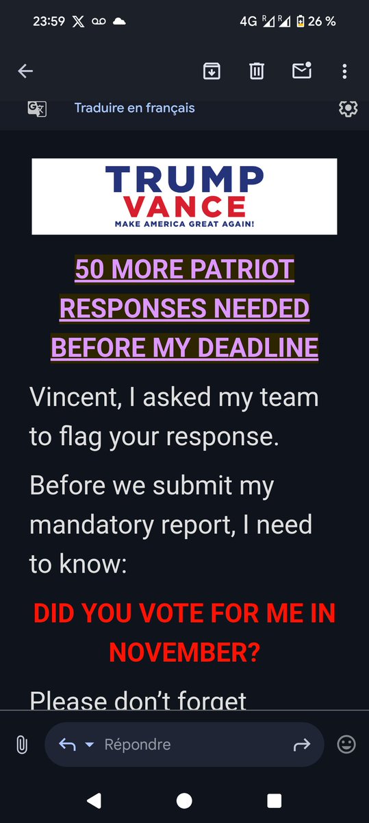 vinceflibustier's tweet image. Premier mail depuis longtemps de la campagne Trump pour répondre à un &quot;sondage&quot; si j&apos;ai voté pour Trump. 🤷Avec formulaire qui permet de donner pour la campagne de Trump... Qui ne peut plus être candidat.