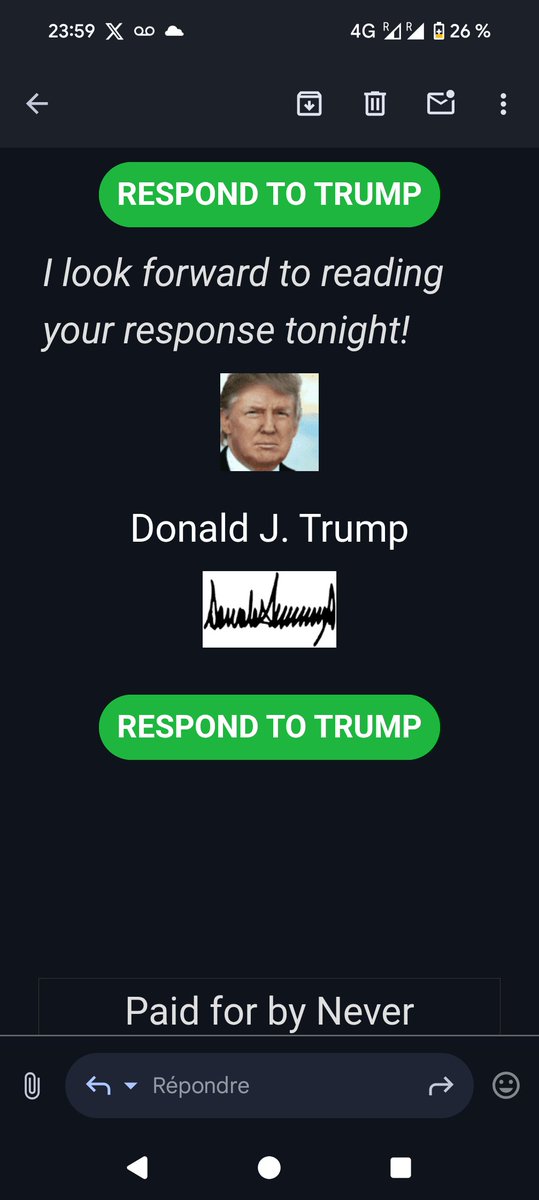 vinceflibustier's tweet image. Premier mail depuis longtemps de la campagne Trump pour répondre à un &quot;sondage&quot; si j&apos;ai voté pour Trump. 🤷Avec formulaire qui permet de donner pour la campagne de Trump... Qui ne peut plus être candidat.