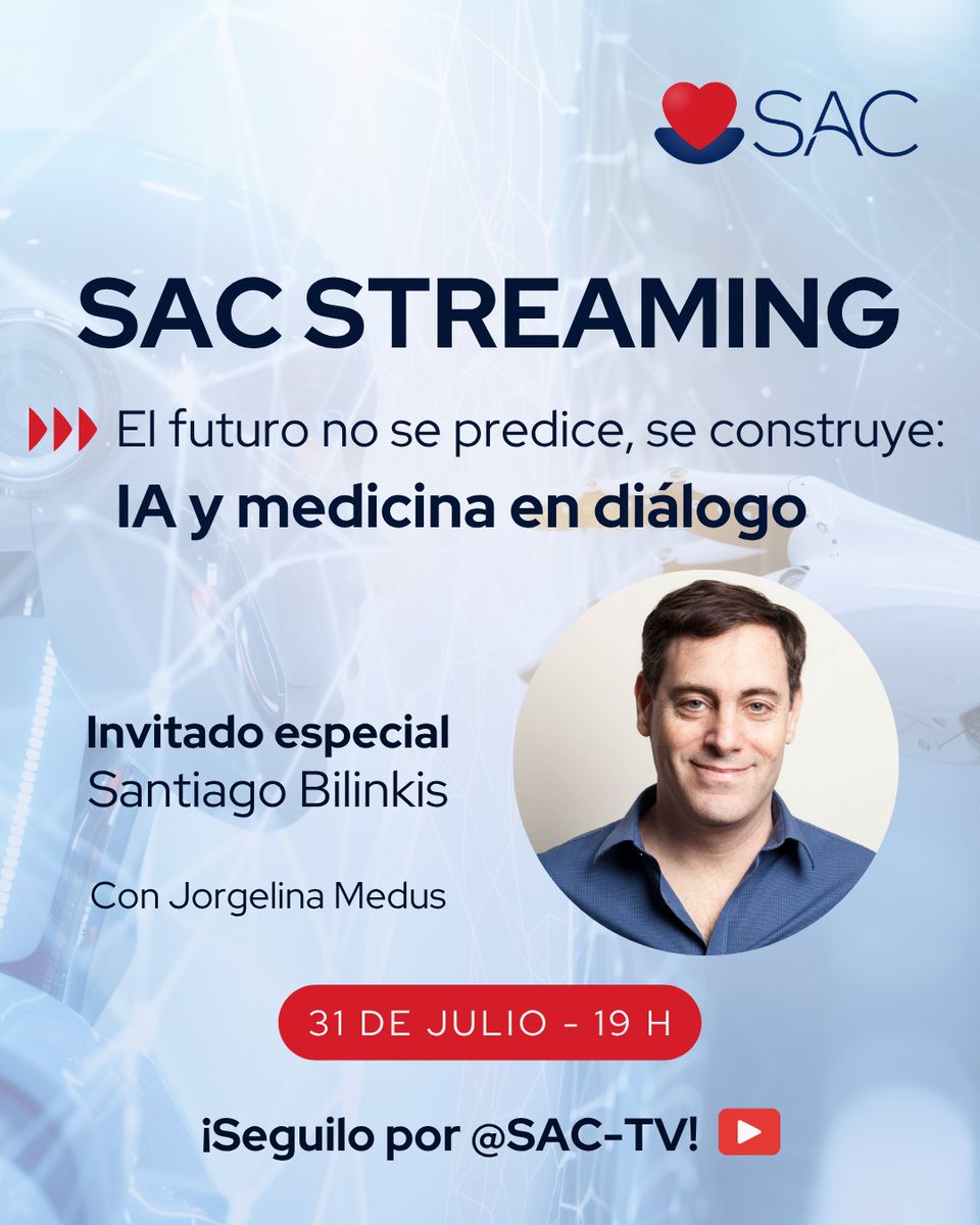 SAC_54's tweet image. 📣¡No te pierdas el próximo streaming de la SAC! Contaremos con la presencia de Santiago Bilinkis para conversar sobre IA en medicina. 

📌 31 de julio - 19.00 h 

📣 ¡Seguilo por nuestro canal de Youtube @SAC-TV !👉🔗 youtube.com/@SAC-TV