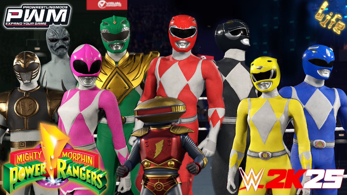 TheCaWLife's tweet image. Mighty Morphin' Power Ranger Pack up now on my patreon #WWE2k25 #PWMods
pack includes:
-Alpha 5
-Black Ranger
-Blue Ranger
-Green Ranger
-Pink Rank
-Putty
-Red Ranger
-White Ranger
-Yellow Ranger