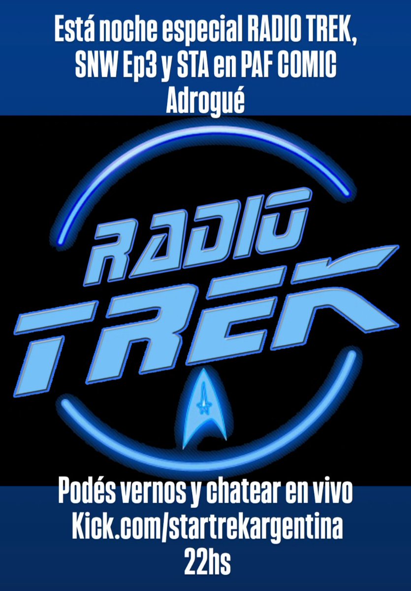 Está noche especial RADIO TREK, SNW Ep3 y STA en PAF COMIC Adrogué
Podés vernos y chatear en vivo 
Kick.com/startrekargent…
22hs ARG.