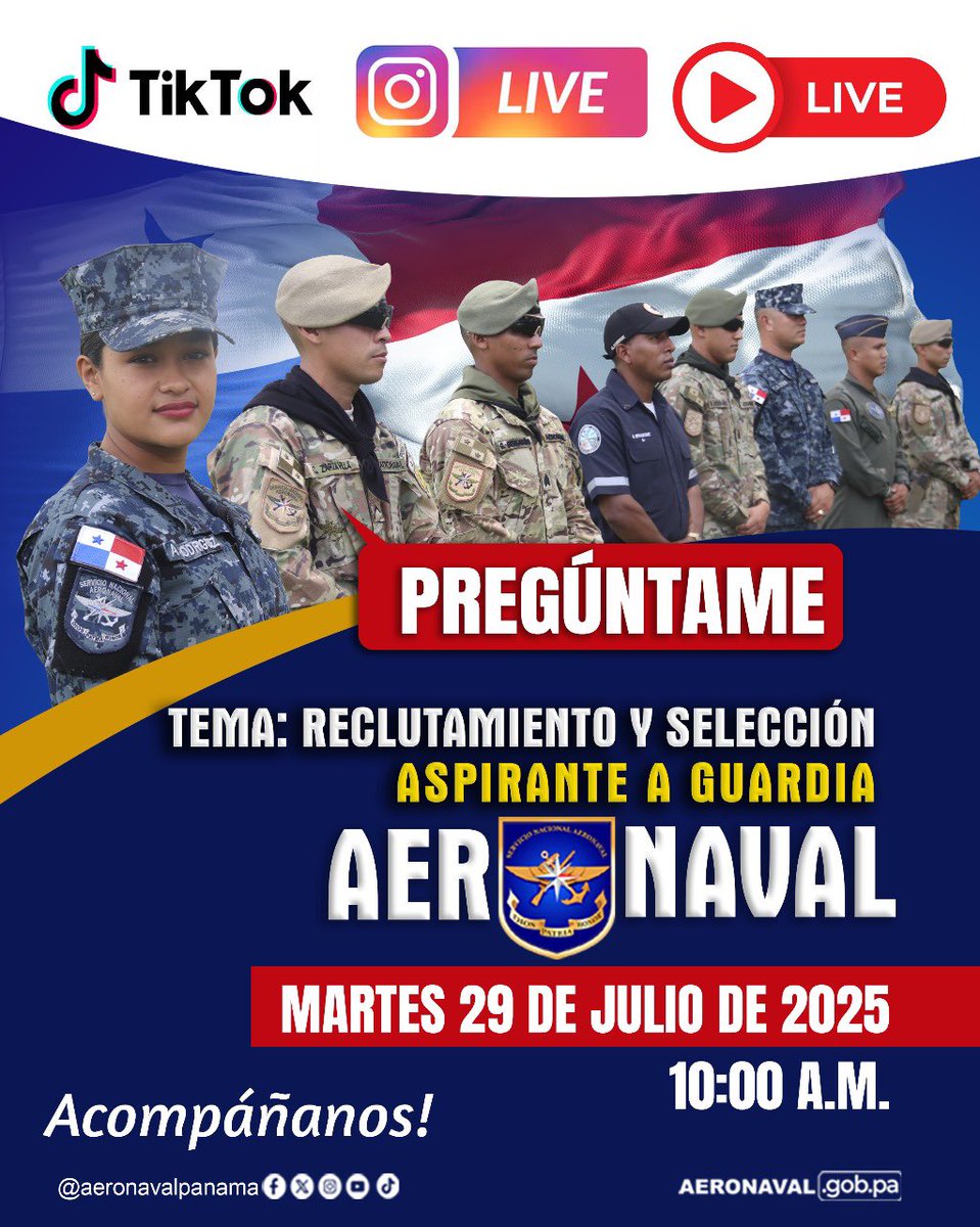 aeronavalpanama's tweet image. 📢Acompáñanos en una transmisión especial donde conocerás todo lo relacionado al reclutamiento para convertirte en #GuardiaAeronaval.
🗓️ Fecha: 29 de julio
🕒 Hora: 10:00 AM
📍 Transmisión en nuestras cuentas de Instagram, Tik Tok y YouTube
¡Conéctate y aclara todas tus dudas!