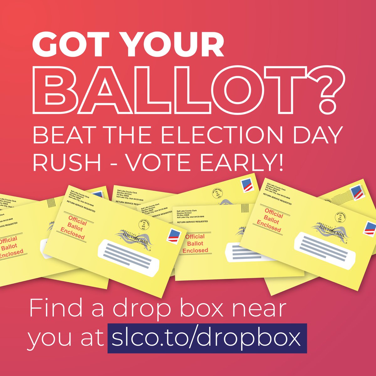 VoteSLCo's tweet image. If your ballot is here, there’s no reason to wait! Voting early gives you time to make sure your vote is counted without any last-minute stress.
Drop your ballot in the mail or find a drop box today at the link in our bio.