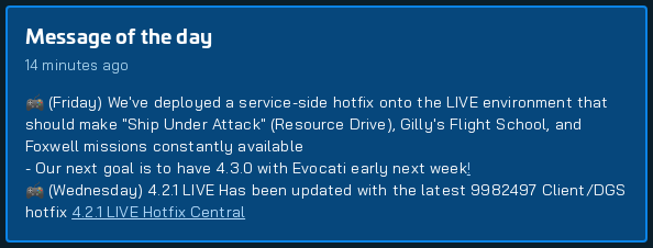 starcitizenbot's tweet image. 🚨 New MOTD Detected:
🎮 (Friday) We've deployed a service-side hotfix onto the LIVE environment that should make "Ship Under Attack" (Resource Drive), Gilly's Flight School, and Foxwell missions constantly available