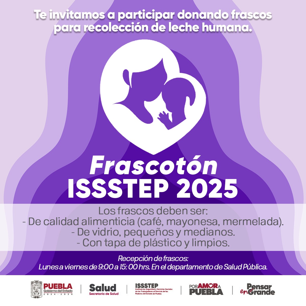 ¡Únete al Frascotón 2025 del ISSSTEP!
 
    📍 Dona tus frascos de vidrio con tapa (limpios y en buen   estado).
 
    🧴 Cada frasco cuenta, ¡cada frasco ayuda!
 
<a href="/Gob_Puebla/">Gobierno de Puebla</a> 
    #FrascotónISSSTEP #PorAmorAPuebla #SeguridadConBienestar   #PensarEnGrande