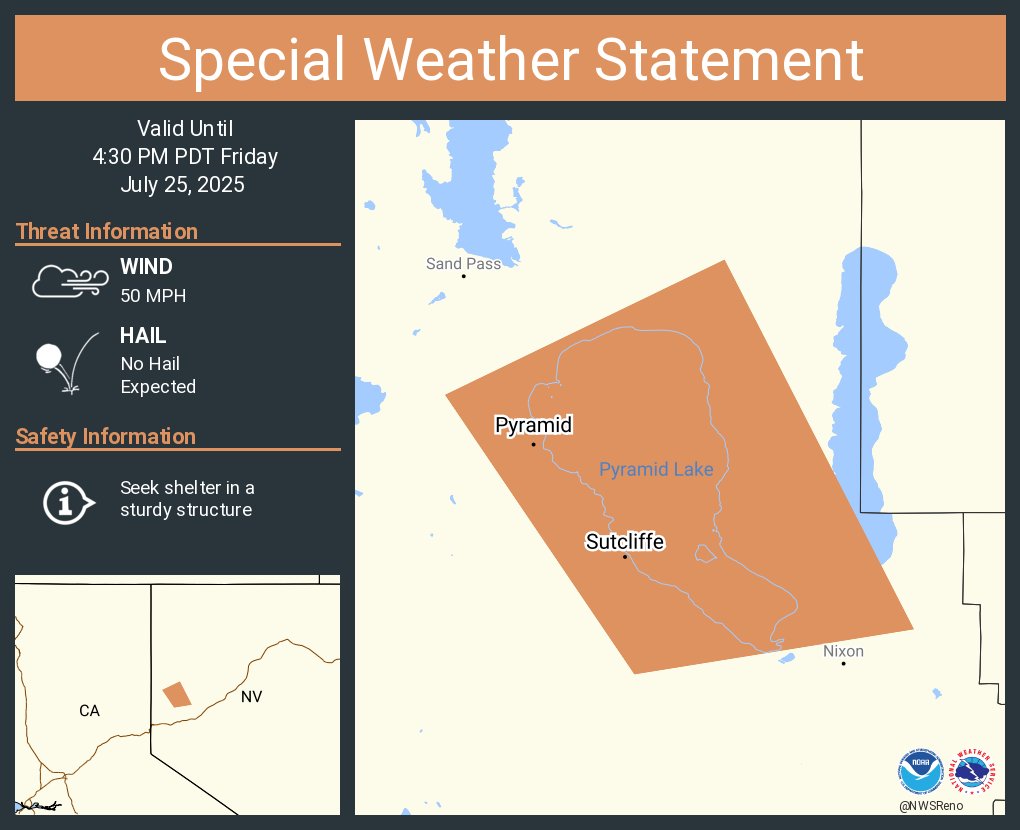 NWSReno's tweet image. A special weather statement has been issued for Sutcliffe NV and Pyramid NV until 4:30 PM PDT #NVwx