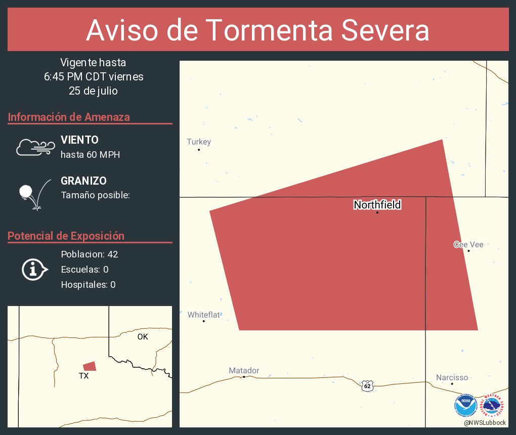 NWSLubbock's tweet image. Aviso de Tormenta Severa incluye Northfield TX hasta las 6:45 PM CDT