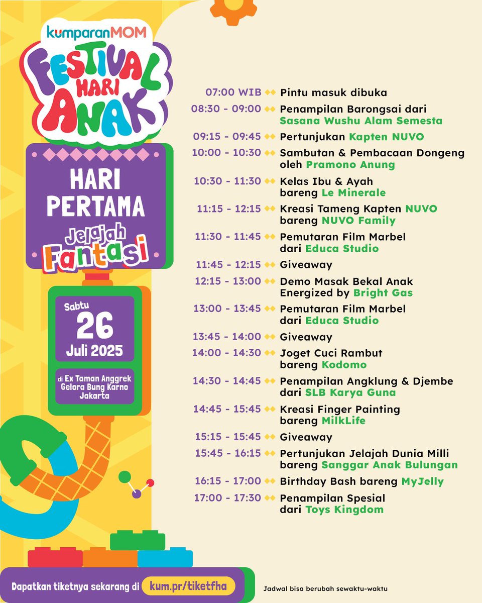 kumparan's tweet image. HARI INI 🤩😍🥰
kumparanMOM Festival Hari Anak 2025 siap digelar. Yuk, cek rangkaian acara hari pertama, Moms! 🥳🎉
#kstudio #kumparancampaign #FestivalHariAnak2025 #ba #igp #FHAspotlight #collab #BanyakMainBanyakBalajar #kumparanmom
