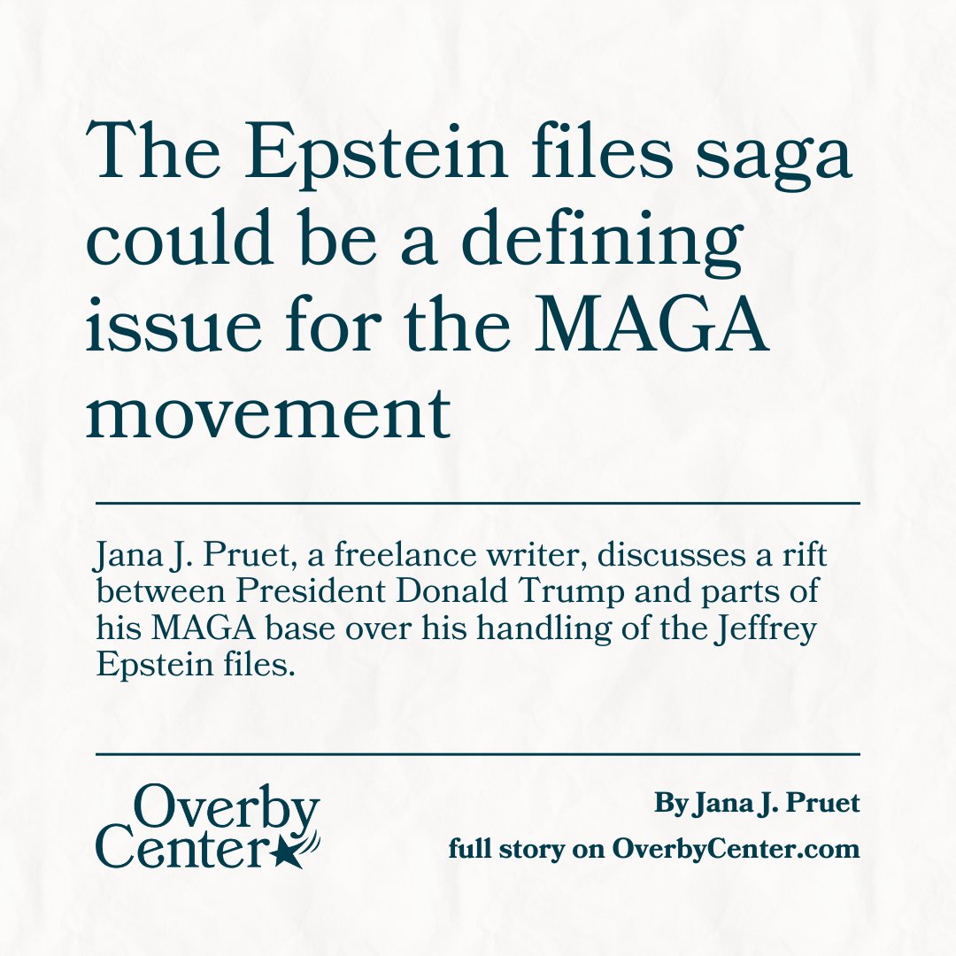Jana J. Pruet, a freelance writer, discusses a rift between President Donald Trump and parts of his MAGA base over his handling of the Jeffrey Epstein files.
Read the full article by Jana J. Pruet at
overbycenter.com/news-and-analy…