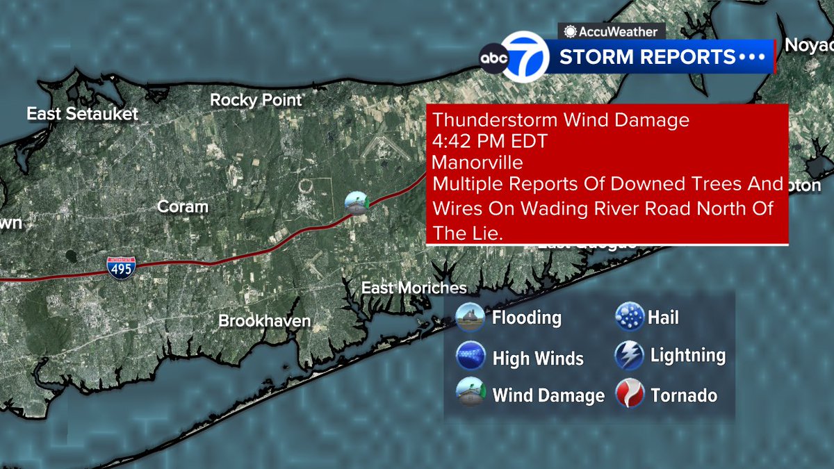 BrittanyBabc7's tweet image. Multiple reports of downed trees and wires on Wading River road north of the LIE in Manorville.